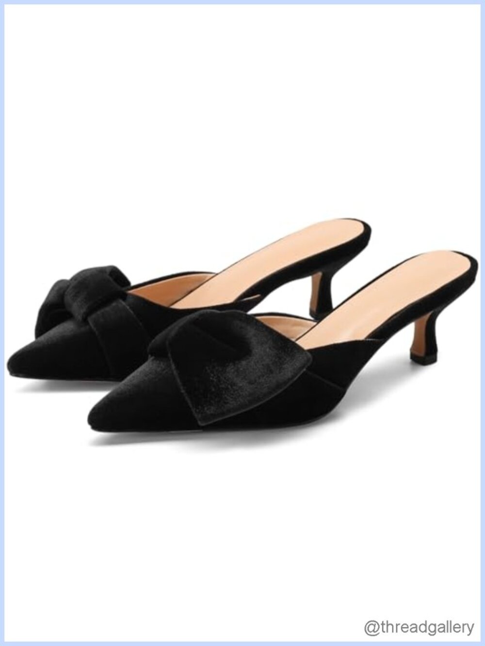 Velvet Bow-Detail Pointed Toe Kitten Heel Slip-On Mules Pumps